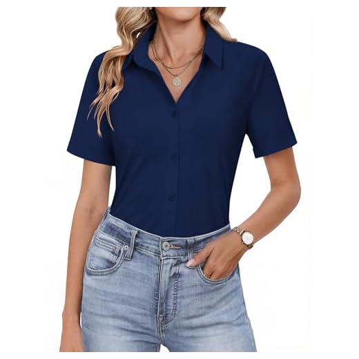 HOTOUCH Button Down Shirt for Women Short Sleeve Business Blouses Button-up Classic Fitted Work Tops Navy Blue M