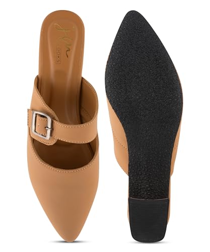 Image of JM LOOKS Sophisticated Buckle Strap Pointed Toe Mules with Contemporary Block Heel for Versatile Fashion Styling