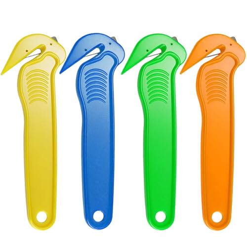 Box Cutter 4 Pcs, 4 Colors Utility Knife Safety Knife Cardboard Cutter Tool Box Opener Work Knifes Hook Knifes Craft Knife for DIY Cardboard Bubble Wrap Stretch Film Foam Warehouse Packaging