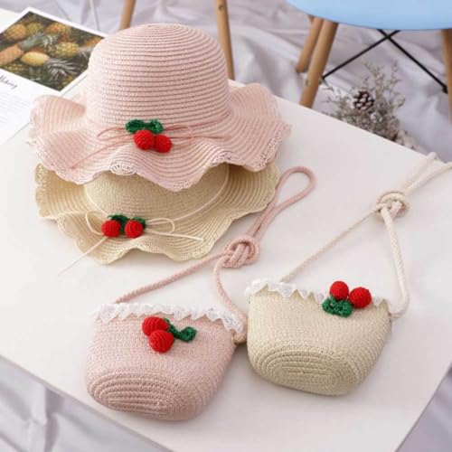 Princess Role Play Set Kids Straw Beach Hat Cross-Body Bag Summer Cosplay Costume for Girls Decorative Accessories Beige2