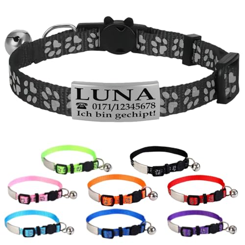 Ibera gifts - Katzenhalsband Personalisiert, Katzenhalsband mit Namen Für Katzen mit Sicherheitsverschluss Selbstöffnend, Reflektierend (Schwarz)