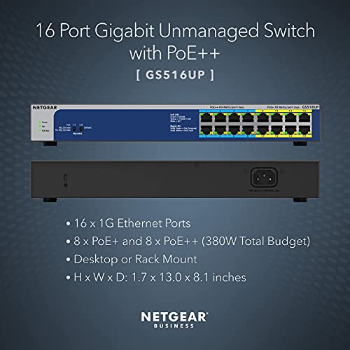 Image of NETGEAR 16-Port Gigabit Ethernet Unmanaged PoE Switch (GS516UP) - with 8 x PoE+ and 8 x Ultra60 PoE++ @ 380W, Desktop or Rackmount, and Limited Lifetime Protection (Renewed)
