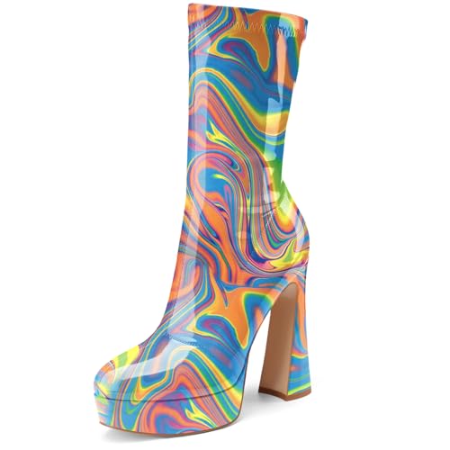 Women's Mid Calf Platform Boots Round Toe High Heel GoGo Short Boots Chunky Heel Comfortable Booties with Side Zipper for Ladies Sexy Cute