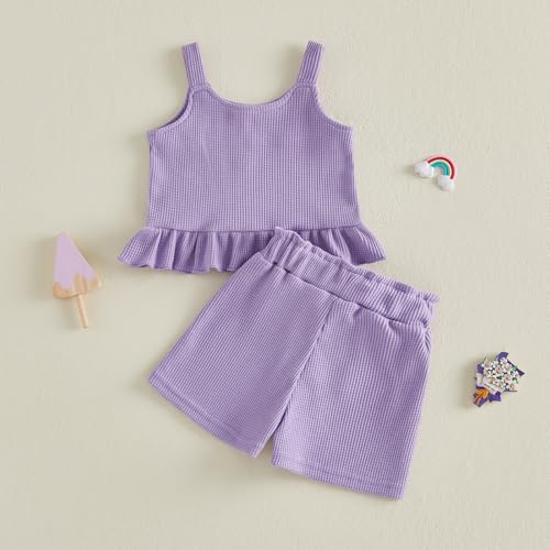 Image of Little Toddler Kids Girl Clothes Set 1-8 Years Summer Outfits Solid Color Tank Tops & Shorts