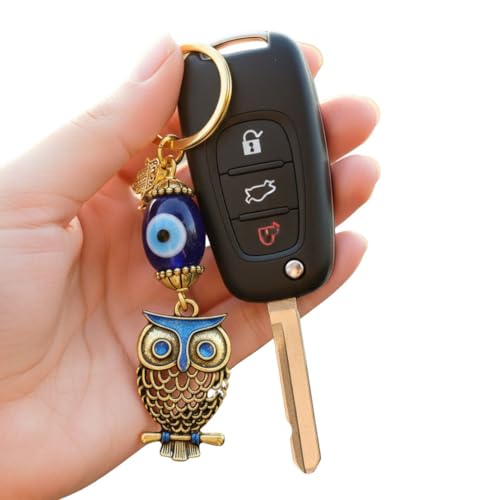 BLUE BEADS Gold Owl Design Pendant with Blue Evil Eye Keychain Keyring for Men and Women (Pack of 1) | Zinc