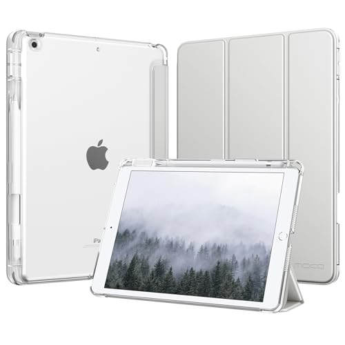 MoKo Cover per iPad 9a/8a/7a Generazione 10,2 Pollici 2021/2020/2019 con Portapenna, Custodia Trifold Sottile e Leggera con Retro in PC Rigido Trasparente, Auto Svegliati/Sonno, Argento