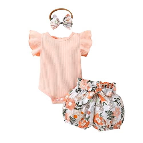 Image of Tiny Cutey Baby Girl Clothes Infant Summer Outfits Set Ruffle Sleeve Romper and Floral Shorts with Headband