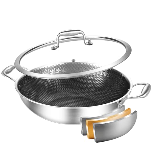 DELARLO Wok Pan With Lid 12 Inch Non stick wok,Oven Safe Up to 600?,Woks & Stir-Fry Pans Nonstick,Tri-Ply Stainless Steel Wok, 5QT Nonstick Deep Frying Pan, Induction Saute Pan With Lid