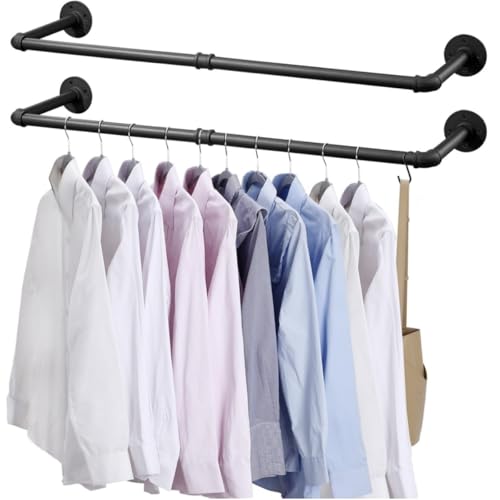9SHOME 2 Pack Clothing Rack Wall Mount, Industrial Pipe Clothing Rack 91.5cm, Heavy Duty Iron Garment Drying Rack Bar, Multi Purpose Hanging Rod for Closet, Laundry Room, Black