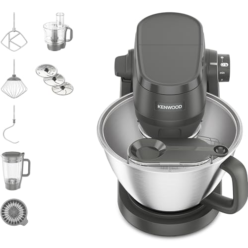 Kenwood Multi Tasker - Impastatrice Planetaria Multifunzionale con accessorio Frullatore, Robot Cucina e spremi agrumi, 1.7kg di Impasto Pane e Pizza, Paraschizzi con Misurino, Grigia (KHC30.050GY)