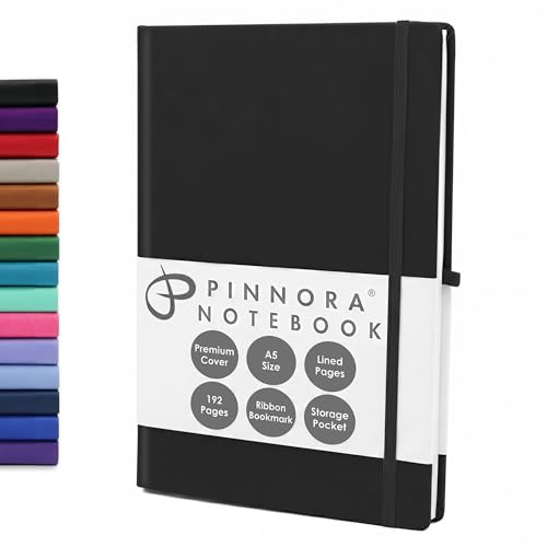 Pinnora Black A5 Notebook Lined Everyday Journal Notebook & Monthly Planner with 192 Pages Notebooks for School Office & Travel Durable Cover Smooth Paper Ideal Lined Notebooks