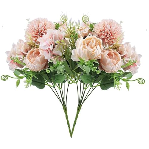 MZMing 2 Pièces Fleurs Artificielles Bouquet de Pivoine d'Hortensia en Soie, Realiste Arrangement Floral Mariage Décoration Centre de Table pour Maison Jardin Bureau