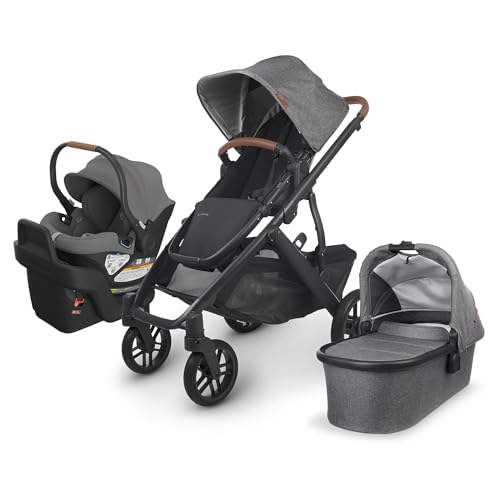 Image of UPPAbaby Travel System, Includes Vista V2 Stroller + Aria Lightweight Car Seat Combo/Bassinet,Toddler Seat, Rain Shield, Storage Bag, Car Seat, Base + Infant Insert Included/Greyson (Charcoal Mélange)