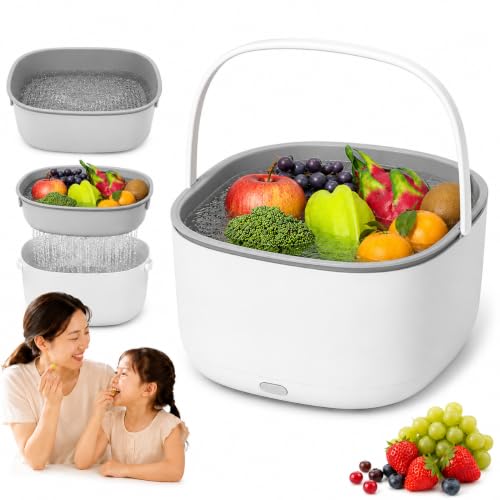Ultrasonic Fruit Washer and Produce Cleaner Device,Self Spinning Berry Washing Bowl with 2-Tier Drain Basket Strainer,Countertop Fruit and Vegetable Washing Machine for Grapes, Strawberries (Gray)