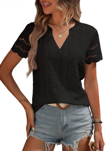 EVALESS Summer Blouses for Women Business Casual Bohemia Short Sleeve Eyelet Shirts Fashion V Neck Lace Crochet Tops Elegant Office Vacation Outfits Black Medium