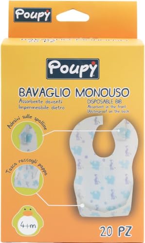 POUPY Einweg-Lätzchen für Kinder, wasserdicht und saugfähig, hygienisch und praktisch, mit Lebensmitteltasche und Aufklebern an den Schultergurten