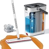 HoMettler Mop and Bucket Set, 3-Tank Flat Mop and Bucket System for Separate Dirty & Clean Water, 65' Mops for Floor Cleaning with 4 Washable Pads, Safe for Hardwood, Vinyl, Tile, Baseboards, Walls
