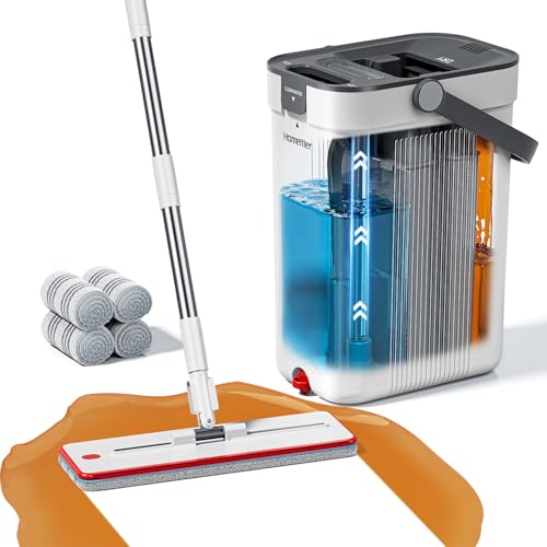 HoMettler Mop and Bucket Set 3-Tank Flat Mop and Bucket System for Separate Dirty & Clean Water 65 Mops for Floor Cleaning with 4 Washable Pads Safe for Hardwood Vinyl Tile Baseboards Walls