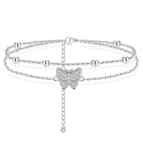 Sllaiss Bracelet de cheville réglable en argent sterling 925 pour femme - Motif papillon et perles, Argent sterling, Oxyde de Zirconium Cover