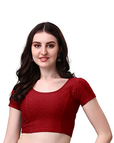 Image of Women's Stretch Cotton Saree Blouse | Readymade Blouse for Saree | Round Neck | Short Sleeves | Soft, Breathable & Comfortable