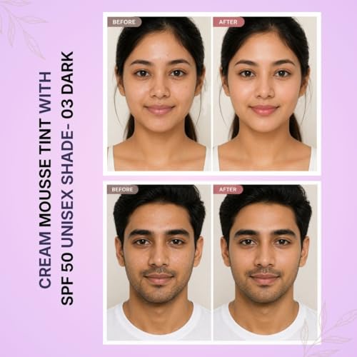Image of TEE ESS Cream Mousse Unisex Face Tint SPF 50 | Enriched with Vitamin E & Hyaluronic Acid | Lightweight, Pore-Blurring, Non Greasy and Long-Lasting | Unisex Mousse Tint| Suitable for All Skin Types |30g (03 Dark)