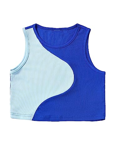 Image of SHENHE Girl's Colorblock Ribbed Knit Round Neck Sleeveless Slim Fit Tank Top Royal Blue 10Y