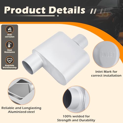 Image of A-KARCK Universal Exhaust Muffler 3 inch Offset Inlet 3 inch Dual Outlet, 13 inch Overall Length Aluminized Steel Aggressive Sound Race Muffler for Cars, Trucks