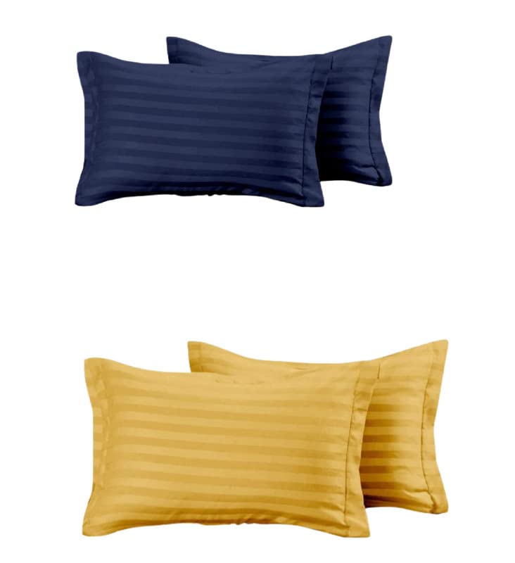 Luxury Trends 210 TC 100% Cotton Pillow Covers Set of 4 | Ultra Soft Satin Striped Pillow Case | 18 x 27 Inches, Yellow & Blue
