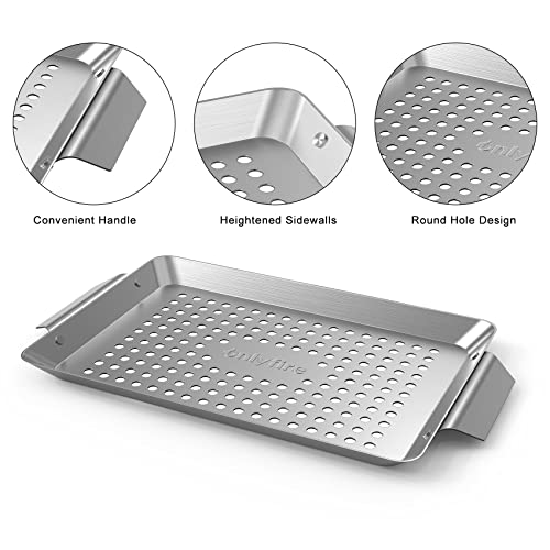 Onlyfire Grillschale Edelstahl, Rechteckiger Grillkorb Set für Fleisch, Gemüse und Fisch, Mini Grillschalen für Gasgrill Zubehör, Gelochte Grillpfanne, 32 x 18,5 x 1,7 cm
