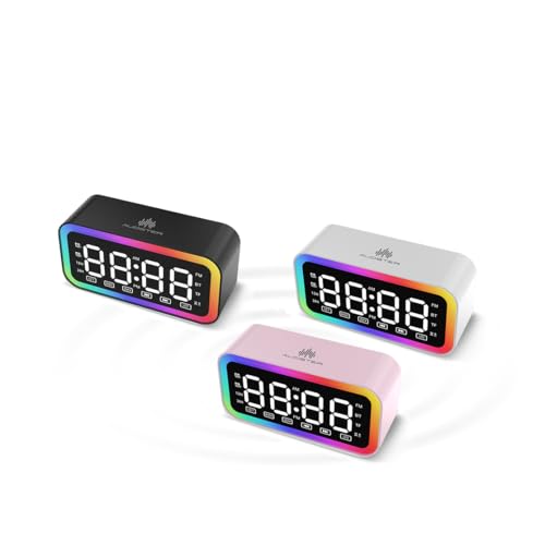 Audster Portable Rechargeable Bluetooth Speaker Alarm Clock with FM Radio and Multi-Color LED Night Light for Bedroom and Travel (White)