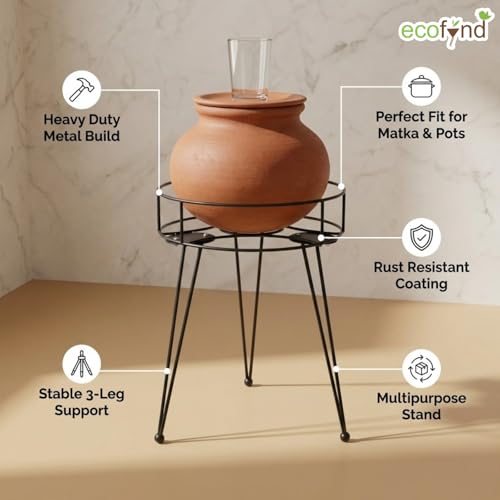 Image of ecofynd Round Heavy Duty Roy Matka Stand for Kitchen, Water Pot Stand, Terracotta Stand for Kitchen Utensils, Multipurpose Dispenser Rack, Pot Stand, Jar Holder, (PS303-BLK)