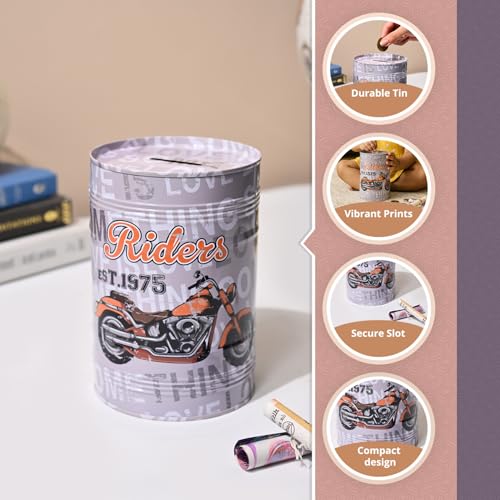 Image of Market99 Round Money Bank | Grey Tin Coin Bank with Glossy Finish & Inspiring Quote Pattern | Cute & Durable Piggy Bank for Kids, Adults, Office Desk & Home Decor | Ideal Gift Option