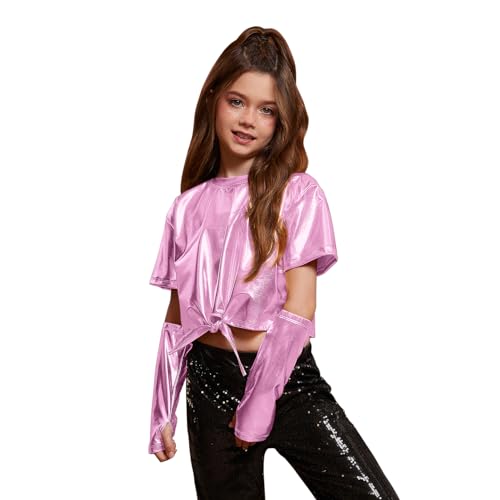 Image of Perfashion Girls Metallic Shirts Shiny Tie Front Knot Crop Top with Arm Sleeves for Dancing Raves Festivals 4-15 Years
