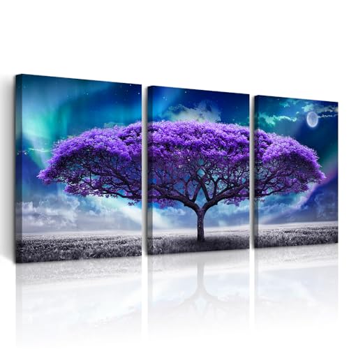 DZRWUBHS Canvas Wall Decor For Living Room Frame Wall Art For Bedroom Purple Tree Wall Painting Artworks Inspiration Wall Pictures For Office Modern Aurora Prints Dining Room Decorations 3 Pieces