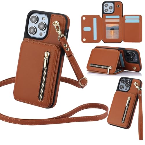Étui portefeuille cuir iPhone 15 Pro béquille protection antichoc marron