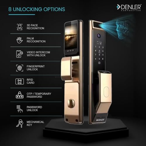 Image of Denler DL10v2 8-in-1 Smart Door Lock | 3D Face ID | Fingerprint | App Unlock | LCD Camera | Inbuilt Wi-Fi | Alexa & Google Support | Android & iPhone | RFID | PIN | Key