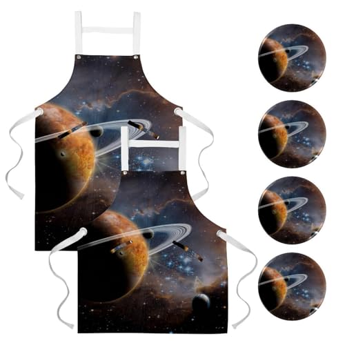 Tablier de cuisine lot de 2 à motif galaxie multicolore pour serveuse et maison