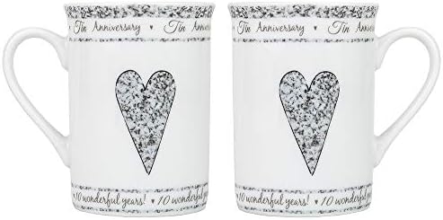 Beautifully Designed 10th Tin Wedding Anniversary Set of Ceramic Mugs with Hearts | Dishwasher and Microwave Safe with Decorative Keepsake Box