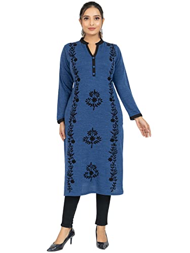 Image of Rosary Women's Winter Wear Embroidered Warm Woolen Straight Full Sleeve Kurti with Pockets Airforce Blue