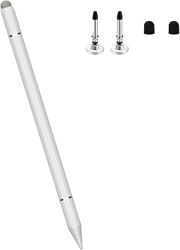 Stylus Pen, 3-in-1, Ultra Fine, No Charging, White, Magnetic Adsorption Function, Stand, Game, Smartphone, Pen, Ultra Lightweight, High Precision and Sensitivity, Replacement Nib Included, for iPad, iPhone, Android, Smartphones, Mac, Tablets 2 Discs + 2 Conductive Fiber Included