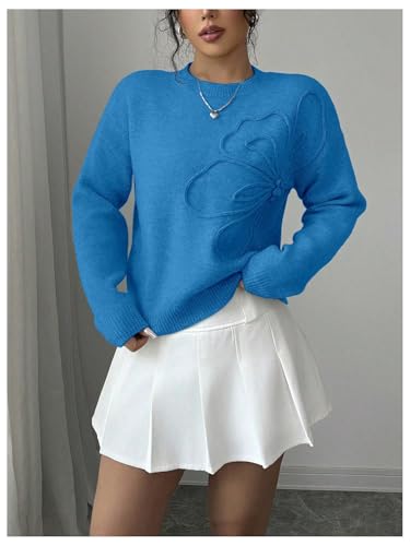 Image of RoseSeek Women's 3D Floral Appliques Crewneck Sweaters Long Sleeve Drop Shoulder Pullovers Elegant Knit Tops