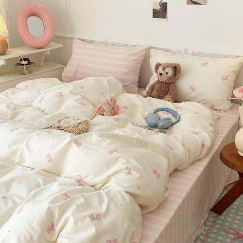 Lanqinglv Ropa de cama de 135 x 200 cm, diseño de lazos, color rosa y blanco, ropa de cama infantil de microfibra, funda nórdica suave con cremallera y 1 funda de almohada de 80 x 80 cm