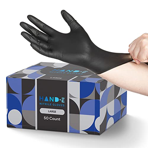 Hand-E Touch Black Nitrile Disposable Gloves Large, 50 Count - Bbq, Tattoo, Hair Dye, Cooking, Mechanic Gloves - Powder And Latex Free Gloves #TOP5