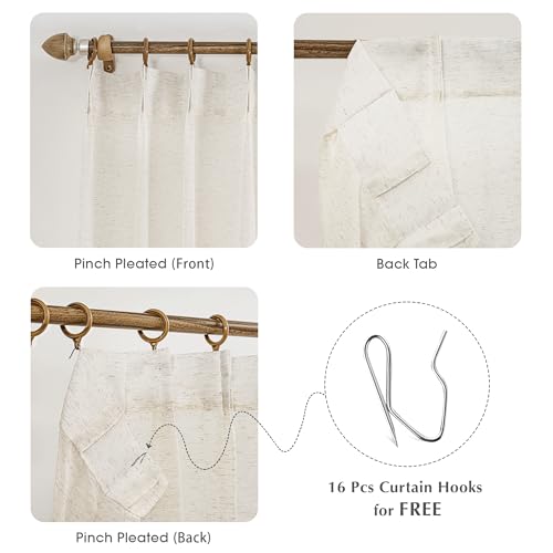 Image of FMFUNCTEX Linen Sheer Pinch Pleated Curtains for Living Room, Linen Flax Beige 96 Inches Long Sheer Curtain Panels for Bedroom, Natural Back Tab Window Drapes for Farmhouse, Rod Pocket 2 Panels