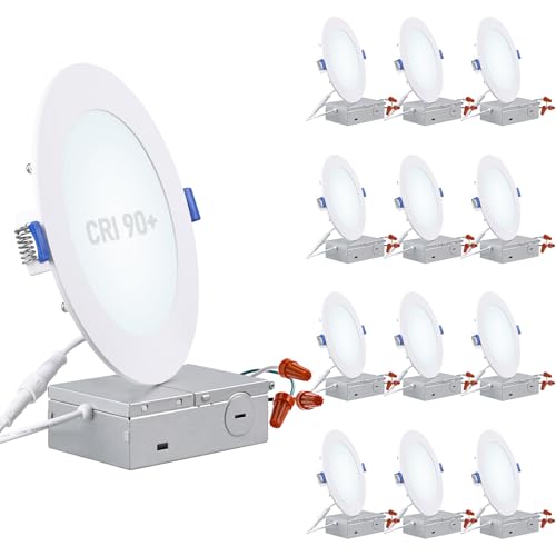 TORCHSTAR Basic Series 12-Pack 6 Inch Ultra-Thin LED Recessed Lighting with Junction Box, CRI90,...