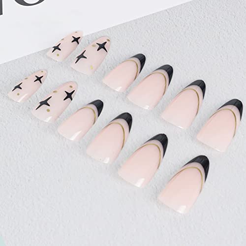 Vaveah 24 Pcs Press On Nails Medium, Acrylic Stiletto Fake Nails With Stars, False Nails With Nail Glue On Nails For Women (Black French And Stars) #TOP3