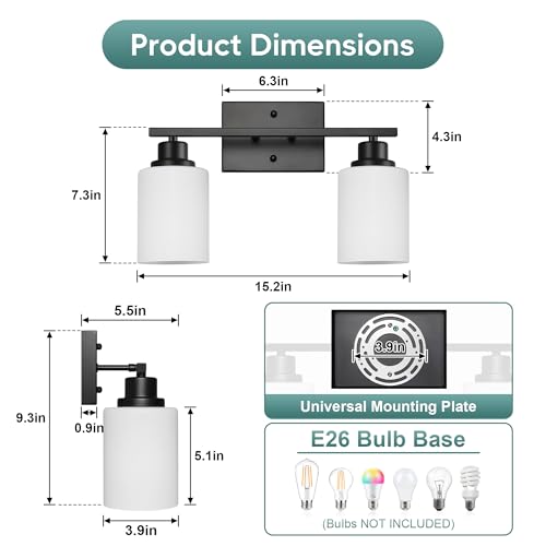 Image of Ascher Bathroom Light Fixtures, 2-Light Vanity Light Over Mirror, Matte Black Wall Sconces with Milky White Frosted Glass Shades, Wall Lamp for Living Room Bedroom, E26 Base(Bulbs Not Included)