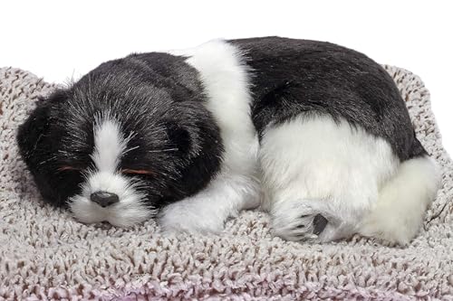 Image of MAHALRAJ Sleeping Dog Stuffed Toy - Sleeping Cute Dog for Car Auto Dashboard and Home Decor | Cute Car Interior Toy, Sleeping Puppy Black & White Stuffed Toy - Size (16cm X 14cm)