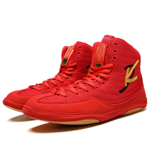 FJJLOVE Zapatos De Lucha Unisex para Adultos, De Hombre Y Mujer, De Caña Alta, Ligeros, para Fitness, Boxeo, Kickboxing, Gimnasio Y Deportes,Rojo,42 EU