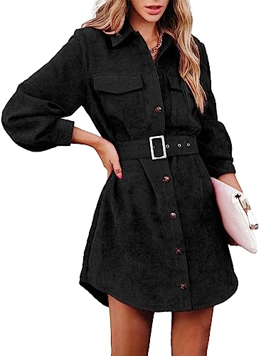 ARTFREE Damen Cordkleid Knopfleiste Langarm Minikleid Revers Gürtel Herbst Casual Jacke Hemdkleid mit Taschen, Schwarz, Klein
